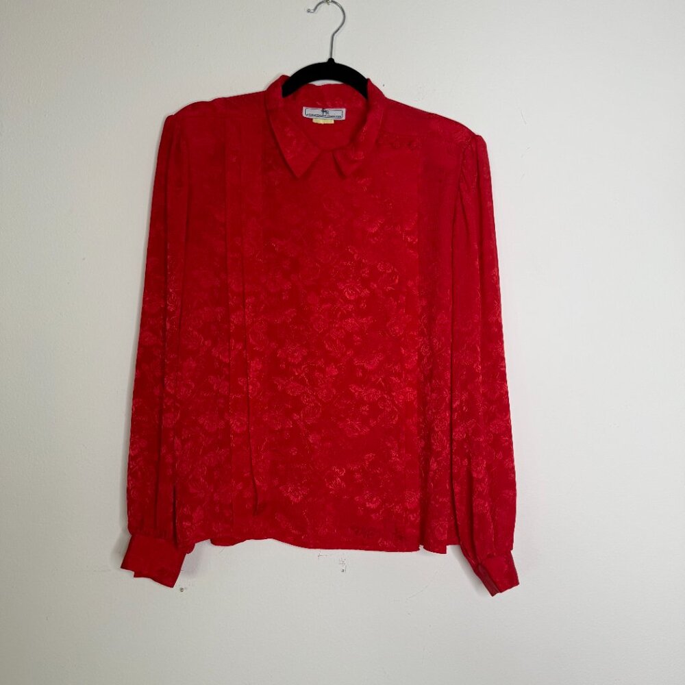 Jonathan Martin | Red Long Sleeve Mock Collar Jacquard Blouse - S